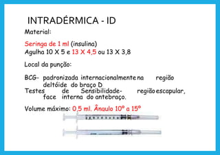 INTRADÉRMICA - ID
Material:
Seringa de 1 ml (insulina)
Agulha 10 X 5 e 13 X 4,5 ou 13 X 3,8
Local da punção:
BCG- padronizada internacionalmente na região
deltóide do braço D
Testes de Sensibilidade- regiãoescapular,
face interna do antebraço.
Volume máximo: 0,5 ml. Ângulo 10º a 15º
 