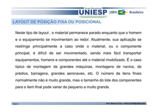 LAYOUT DE POSIÇÃO FIXA OU POSICIONAL 
Neste tipo de layout , o material permanece parado enquanto que o homem 
e o equipamento se movimentam ao redor. Atualmente, sua aplicação se 
restringe principalmente a caso onde o material, ou o componente 
principal, é difícil de ser movimentado, sendo mais fácil transportar 
equipamentos, homens e componentes até o material imobilizado. É o caso 
típico de montagem de grandes máquinas, montagens de navios, de 
prédios, barragens, grandes aeronaves, etc. O número de itens finais 
normalmente não é muito grande, mas o tamanho do lote dos componentes 
para o item final pode variar de pequeno a muito grande. 
TGA II Prof. Marcos Cruz – mdccruz01@gmail.com 
 