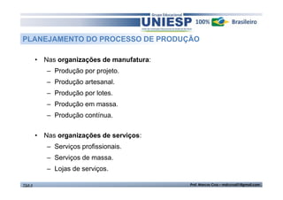 PLANEJAMENTO DO PROCESSO DE PRODUÇÃO
• Nas organizações de manufatura:
– Produção por projeto.
– Produção artesanal.
– Produção por lotes.
– Produção em massa.
– Produção contínua.
• Nas organizações de serviços:
– Serviços profissionais.
– Serviços de massa.
– Lojas de serviços.
TGA II

Prof. Marcos Cruz – mdccruz01@gmail.com

 