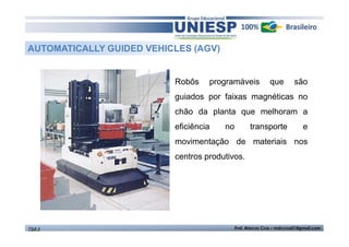 AUTOMATICALLY GUIDED VEHICLES (AGV) 
Robôs programáveis que são 
guiados por faixas magnéticas no 
chão da planta que melhoram a 
eficiência no transporte e 
movimentação de materiais nos 
centros produtivos. 
TGA II Prof. Marcos Cruz – mdccruz01@gmail.com 
 