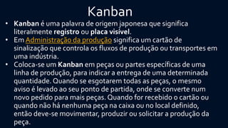 Kanban 
•Kanbané uma palavra de origem japonesa que significa literalmenteregistroouplaca visível. 
•EmAdministração da produçãosignifica um cartão de sinalização que controla os fluxos de produção ou transportes em uma indústria. 
•Coloca-se umKanbanem peças ou partes específicas de uma linha de produção, para indicar a entrega de uma determinada quantidade. Quando se esgotarem todas as peças, o mesmo aviso é levado ao seu ponto de partida, onde se converte num novo pedido para mais peças. Quando for recebido o cartão ou quando não há nenhuma peça na caixa ou no local definido, então deve-se movimentar, produzir ou solicitar a produção da peça.  