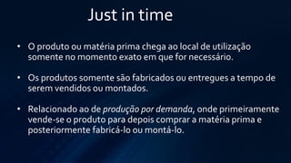 Just in time 
•Oproduto ou matéria prima chega ao local de utilização somente no momento exato em que for necessário. 
•Os produtos somente são fabricados ou entregues a tempo de serem vendidos ou montados. 
•Relacionado ao deprodução por demanda, onde primeiramente vende-se o produto para depois comprar a matéria prima e posteriormente fabricá-lo ou montá-lo.  