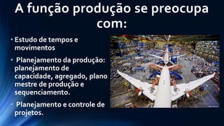 A função produção se preocupa com: 
•Estudo de tempos e movimentos 
•Planejamento da produção: planejamento de capacidade, agregado, plano mestre de produção e sequenciamento. 
•Planejamento e controle de projetos.  