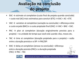 Avaliação na conclusão
do projeto
• EAC → estimate at completion (custo final do projeto quando concluído)
= custo real (AC) mais estimativa para concluir (ETC) → EAC = AC + ETC
• VAC → variation at completion (variação na conclusão) = diferença entre
o custo orçado (BAC) e o custo projetado final (EAC) → VAC = BAC – EAC.
• PAC → plan at completion (duração originalmente prevista para o
projeto) – na unidade de tempo que você está usando: dias, meses etc.
• TAC → time at completion (duração projetada para o projeto) = razão
entre a duração prevista e o SPI → PAC/SPI
• DAC → delay at completion (atraso na conclusão) = diferença
entre a duração prevista (PAC) e a duração projetada
(TAC) → PAC – TAC
Administração de Projetos | 4ª edição/2010 | Antonio Cesar Amaru Maximiano | 112
 