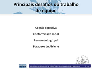 Principais desafios do trabalho
de equipe
Coesão excessiva
Conformidade social
Pensamento grupal
Paradoxo de Abilene
Administração de Projetos | 4ª edição/2010 | Antonio Cesar Amaru Maximiano | 124
 