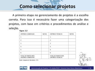Como selecionar projetos
A primeira etapa no gerenciamento de projetos é a escolha
correta. Para isso é necessário fazer uma categorização dos
projetos, com base em critérios e procedimentos de análise e
seleção.
Figura 2.2
Administração de Projetos | 4ª edição/2010 | Antonio Cesar Amaru Maximiano | 24
 