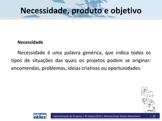 Necessidade, produto e objetivo
Necessidade
Necessidade é uma palavra genérica, que indica todos os
tipos de situações das quais os projetos podem se originar:
encomendas, problemas, ideias criativas ou oportunidades.
Administração de Projetos | 4ª edição/2010 | Antonio Cesar Amaru Maximiano | 29
 