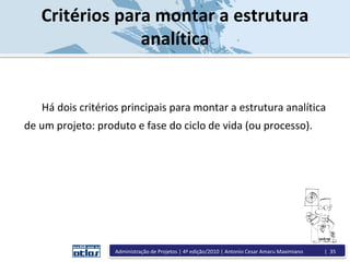 Critérios para montar a estrutura
analítica
Há dois critérios principais para montar a estrutura analítica
de um projeto: produto e fase do ciclo de vida (ou processo).
Administração de Projetos | 4ª edição/2010 | Antonio Cesar Amaru Maximiano | 35
 