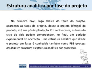 Estrutura analítica por fase do projeto
No primeiro nível, logo abaixo do título do projeto,
aparecem as fases do projeto, desde o projeto (design) do
produto, até sua pós-implantação. Em certos casos, as fases do
ciclo de vida podem compreender, no final, um período
experimental de operação. Uma estrutura analítica que divide
o projeto em fases é conhecida também como PBS (process
breakdown structure = estrutura analítica por processo).
Administração de Projetos | 4ª edição/2010 | Antonio Cesar Amaru Maximiano | 38
 