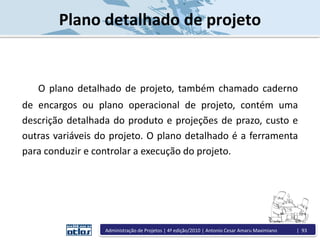 O plano detalhado de projeto, também chamado caderno
de encargos ou plano operacional de projeto, contém uma
descrição detalhada do produto e projeções de prazo, custo e
outras variáveis do projeto. O plano detalhado é a ferramenta
para conduzir e controlar a execução do projeto.
Plano detalhado de projeto
Administração de Projetos | 4ª edição/2010 | Antonio Cesar Amaru Maximiano | 93
 
