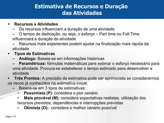 Page  13 
Recursos x Atividades 
–Os recursos influenciam a duração de uma atividade 
–O tempo de dedicação, ou seja, o esforço – Part time ou Full Time influenciará a duração da atividade 
–Recursos mais experientes podem ajudar na finalização mais rápida da atividade 
Tipos de Estimativas 
–Análoga: Baseia-se em informações históricas 
–Paramétricas: fórmulas matemáticas para estimar o esforço necessário para uma atividade. Procura-se estabelecer o tempo estimado para desenvolver a atividade 
Três Prontos: A precisão da estimativa pode ser aprimorada se considerarmos os riscos já conhecidos na estimativa inicial. 
–Baseia-se em 3 tipos de estimativas: 
•Pessimista (P): considera o pior cenário 
•Mais provável (M): considera expectativas realistas, utilização dos recursos previstos, dependências e interrupções previstas 
•Otimista (O): considera o melhor cenário possível 
Estimativa de Recursos e Duração 
das Atividades  