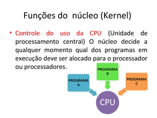 Funções do núcleo (Kernel)
• Controle do uso da CPU (Unidade de
  processamento central) O núcleo decide a
  qualquer momento qual dos programas em
  execução deve ser alocado para o processador
  ou processadores.
 