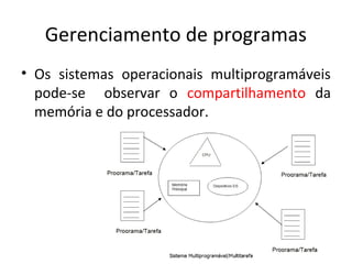 Gerenciamento de programas
• Os sistemas operacionais multiprogramáveis
  pode-se observar o compartilhamento da
  memória e do processador.
 