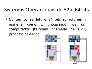 Sistemas Operacionais de 32 e 64bits
• Os termos 32 bits e 64 bits se referem à
  maneira como o processador de um
  computador (também chamado de CPU)
  processa os dados.
 