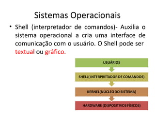 Sistemas Operacionais
• Shell (interpretador de comandos)- Auxilia o
  sistema operacional a cria uma interface de
  comunicação com o usuário. O Shell pode ser
  textual ou gráfico.
 