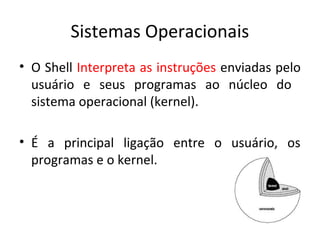 Sistemas Operacionais
• O Shell Interpreta as instruções enviadas pelo
  usuário e seus programas ao núcleo do
  sistema operacional (kernel).

• É a principal ligação entre o usuário, os
  programas e o kernel.
 