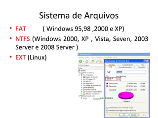Sistema de Arquivos
• FAT       ( Windows 95,98 ,2000 e XP)
• NTFS (Windows 2000, XP , Vista, Seven, 2003
  Server e 2008 Server )
• EXT (Linux)
 