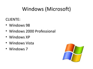 Windows (Microsoft)
CLIENTE:
• Windows 98
• Windows 2000 Professional
• Windows XP
• Windows Vista
• Windows 7
 