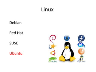 Linux

Debian

Red Hat

SUSE

Ubuntu
 