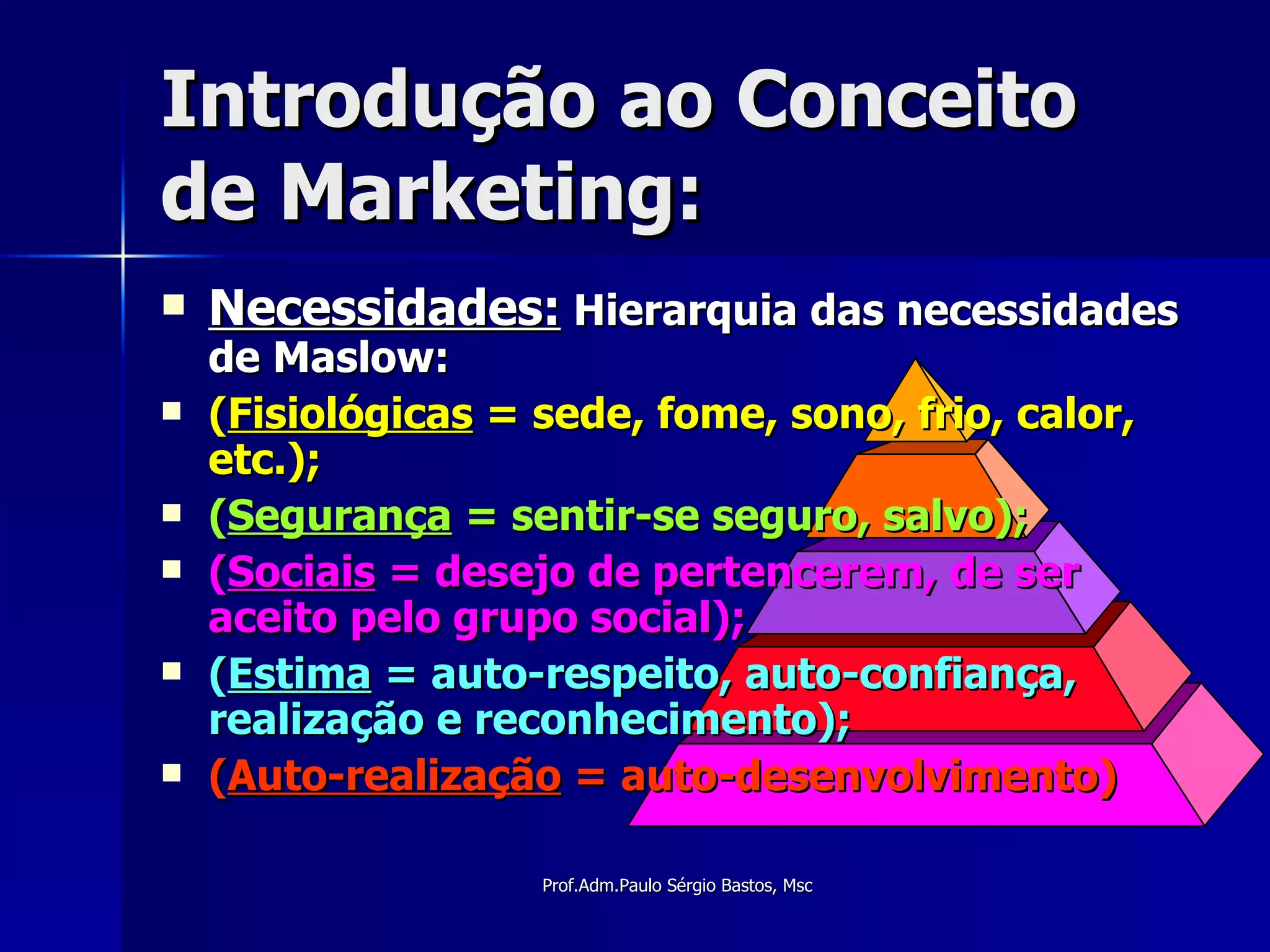 Introdução ao Conceito de Marketing: Necessidades:  Hierarquia das necessidades de Maslow: ( Fisiológicas  = sede, fome, sono, frio, calor, etc.); ( Segurança  = sentir-se seguro, salvo); ( Sociais  = desejo de pertencerem, de ser aceito pelo grupo social); ( Estima  = auto-respeito, auto-confiança, realização e reconhecimento); ( Auto-realização  = auto-desenvolvimento) 