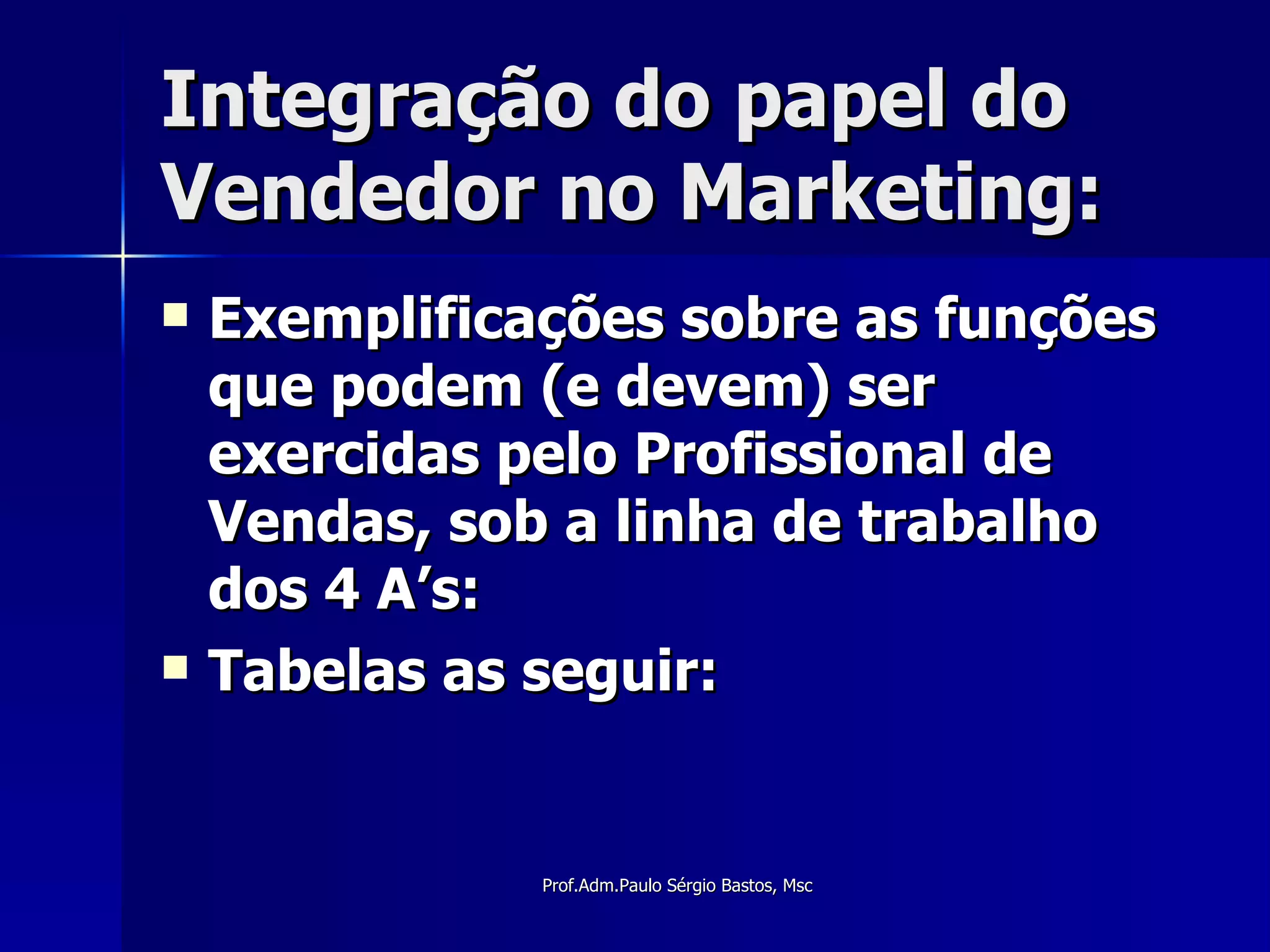 Integração do papel do Vendedor no Marketing: Exemplificações sobre as funções que podem (e devem) ser exercidas pelo Profissional de Vendas, sob a linha de trabalho dos 4 A’s: Tabelas as seguir: 