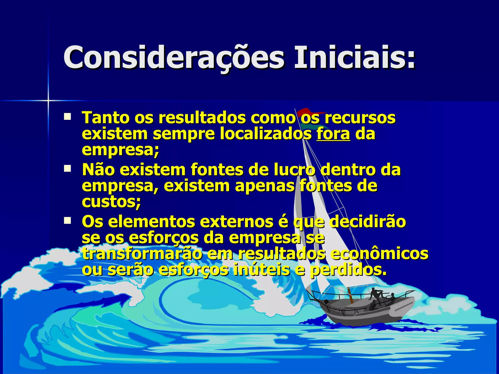 Considerações Iniciais: Tanto os resultados como os recursos existem sempre localizados  fora  da empresa; Não existem fontes de lucro dentro da empresa, existem apenas fontes de custos; Os elementos externos é que decidirão se os esforços da empresa se transformarão em resultados econômicos ou serão esforços inúteis e perdidos. 