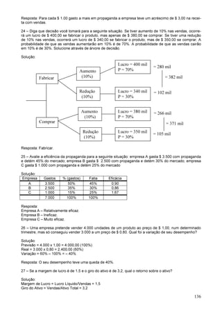 136
Resposta: Para cada $ 1,00 gasto a mais em propaganda a empresa teve um acréscimo de $ 3,00 na recei-
ta com vendas.
24 – Diga que decisão você tomará para a seguinte situação. Se tiver aumento de 10% nas vendas, ocorre-
rá um lucro de $ 400,00 se fabricar o produto, mas apenas de $ 380,00 se comprar. Se tiver uma redução
de 10% nas vendas, ocorrerá um lucro de $ 340,00 se fabricar o produto, mas de $ 350,00 se comprar. A
probabilidade de que as vendas aumentarão em 10% é de 70%. A probabilidade de que as vendas cairão
em 10% é de 30%. Solucione através de árvore de decisão.
Solução:
= 280 mil
= 382 mil
= 102 mil
= 266 mil
= 371 mil
= 105 mil
Resposta: Fabricar.
25 – Avalie a eficiência da propaganda para a seguinte situação: empresa A gasta $ 3.500 com propaganda
e detém 45% do mercado; empresa B gasta $ 2.500 com propaganda e detém 30% do mercado; empresa
C gasta $ 1.000 com propaganda e detém 25% do mercado
Solução:
Empresa Gastos % (gastos) Fatia Eficácia
A 3.500 50% 45% 0,90
B 2.500 35% 30% 0,86
C 1.000 15% 25% 1,67
7.000 100% 100%
Resposta:
Empresa A – Relativamente eficaz.
Empresa B – Ineficaz.
Empresa C – Muito eficaz.
26 – Uma empresa pretende vender 4.000 unidades de um produto ao preço de $ 1,00, num determinado
trimestre, mas só conseguiu vender 3.000 a um preço de $ 0,80. Qual foi a variação de seu desempenho?
Solução:
Previsão = 4.000 x 1,00 = 4.000,00 (100%)
Real = 3.000 x 0,80 = 2.400,00 (60%)
Variação = 60% – 100% = – 40%
Resposta: O seu desempenho teve uma queda de 40%.
27 – Se a margem de lucro é de 1,5 e o giro do ativo é de 3,2, qual o retorno sobre o ativo?
Solução:
Margem de Lucro = Lucro Líquido/Vendas = 1,5
Giro do Ativo = Vendas/Ativo Total = 3,2
Fabricar
Aumento
(10%)
Lucro = 400 mil
P = 70%
Redução
(10%)
Lucro = 340 mil
P = 30%
Comprar
Aumento
(10%)
Redução
(10%)
Lucro = 380 mil
P = 70%
Lucro = 350 mil
P = 30%
 