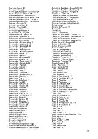 152
Comércio Externo 29
Comércio Interno 29
Comitê de Satisfação do Consumidor 24
Competitividade – Conceito 58
Comportamento do Consumidor 19
Composto Mercadológico – Alterações 4
Composto Mercadológico – Conceito 4
Composto Mercadológico – Elementos 4
Compra – Conceito 23
Compra – Modalidade 24
Compra – Processo 23
Comprador – Problemas 24
Comprador de Empresa 24
Compradores do Varejo 58
Conhecimento de Depósito 98
Consumidor – Avaliação 20
Consumidor – Comportamento 19
Consumidor – Conceito 18
Consumidor – Considerações 19
Consumidor – Julgamento 19
Consumidor – Localização 62
Consumidor – Lugar 20
Consumidor – Motivação 19
Consumidor – Movimentação 19
Consumidor – Papel 19
Consumidor – Perfil 20
Consumidor – Premissas 18
Consumidor – Queixa 19
Consumidor – Reclamação 24
Consumidor – Satisfação 24
Consumidor – Tipos 20
Consumidor Apático 21
Consumidor Atento 21
Consumidor Cativo 21
Consumidor Consciente 20
Consumidor Despreocupado 21
Consumidor e Negócio 18
Consumidor Final 20
Consumidor Globalizado 21
Consumidor Hostil 21
Consumidor Indiferente 21
Consumidor Interativo 22
Consumidor Malcriado 21
Consumidor Nervoso 21
Consumidor Orgulhoso 21
Consumidor Potencial 20
Consumidor Procrastinador 22
Consumidor Reclamão 21
Consumidor Sabichão 21
Consumidor Silencioso 21
Consumidor Sofisticado 22
Consumidor Taciturno 21
Consumidor Vaidoso 21
Consumo – Conceito 17
Consumo – Problema 17
Consumo – Tipos 17
Consumo de Energia 17
Consumo de Recursos 18
Consumo Final 18
Consumo Industrial 18
Contratação 82
Contrato de Prestação de Serviço 41
Controle da Conta do Consumidor 67
Controle de Devolução de Mercadorias 67
Controle de Qualidade – Conceito 44, 48
Controle de Qualidade – Essência 48
Controle de Qualidade – Função 48
Controle de Vendas 66
Controle de Vendas por Produto 67
Controle de Vendas por Vendedor 67
Controle do Faturamento 66
Controle do Perfil do Consumidor 67
Controle Estatístico da Qualidade 48
Cor do Produto 7
Corrente de Trânsito 100
Corretor 76
Crediário 22
Crédito – Conceito 22
Crédito ao Consumidor – Conceito 22
Crédito ao Consumidor – Desvantagens 23
Crédito ao Consumidor – Modelo 22
Crédito ao Consumidor – Vantagens 22
Crédito Mercantil – Conceito 22
Cultura da Qualidade 45
Cultura Organizacional 87
Curriculum-Vitae 83
Curva de Desempenho 80
Custeio por Absorção 115
Custeio por Apropriação 115
Custeio por Atividade 115
Custeio por Consumo 115
Custeio por Ordem de Serviço 115
Custeio por Processo 115
Custeio Standard 116
Custo – Apuração 111
Custo – Conceito 111
Custo – Redução 112
Custo – Tipos 113
Custo Administrativo 113
Custo Ambiental 113
Custo da Oportunidade 113
Custo da Qualidade 46, 113
Custo de Aquisição 114
Custo de Fabricação 114
Custo de Instalação 101
Custo de Manutenção 114
Custo de Mão de Obra 114
Custo de Mercadoria Vendida 114
Custo de Produção 37, 113
Custo Direto 113
Custo do Comprador 113
Custo do Controle 114
Custo do Pedido 94, 114
Custo do Produto 114
Custo do Transporte 95, 96, 114
Custo do Treinamento 84
Custo e Lucro 117
Custo Final 111
Custo Fixo 113
Custo Indireto 113
Custo Indireto de Fabricação (CIF) 113
Custo Marginal 114
Custo Médio 113
Custo Padrão 111, 114
Custo País 113
Custo País 96
Custo Previsto 114
Custo Real 114
 
