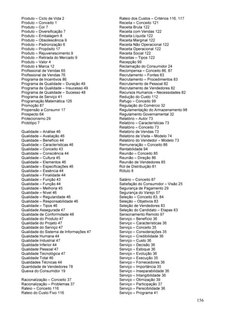 156
Produto – Ciclo de Vida 2
Produto – Conceito 1
Produto – Cor 7
Produto – Diversificação 7
Produto – Embalagem 8
Produto – Obsolescência 9
Produto – Padronização 6
Produto – Propósito 17
Produto – Rejuvenescimento 9
Produto – Retirada do Mercado 9
Produto – Valor 4
Produto x Marca 12
Profissional de Vendas 65
Profissional de Vendas 76
Programa de Incentivos 86
Programa de Qualidade – Duração 49
Programa de Qualidade – Insucesso 49
Programa de Qualidade – Sucesso 48
Programa de Serviço 41
Programação Matemática 126
Promoção 87
Propensão a Consumir 17
Prospecto 64
Protecionismo 29
Protótipo 7
Qualidade – Análise 46
Qualidade – Avaliação 46
Qualidade – Benefício 44
Qualidade – Características 46
Qualidade – Conceito 43
Qualidade – Consciência 44
Qualidade – Cultura 45
Qualidade – Elementos 46
Qualidade – Especificações 46
Qualidade – Essência 44
Qualidade – Finalidade 44
Qualidade – Função 43
Qualidade – Função 44
Qualidade – Melhoria 45
Qualidade – Nível 46
Qualidade – Regularidade 46
Qualidade – Responsabilidade 46
Qualidade – Tipos 46
Qualidade Assegurada 47
Qualidade de Conformidade 48
Qualidade do Produto 47
Qualidade do Projeto 47
Qualidade do Serviço 47
Qualidade do Sistema de Informações 47
Qualidade Humana 44
Qualidade Industrial 47
Qualidade Inferior 44
Qualidade Pessoal 47
Qualidade Tecnológica 47
Qualidade Total 46
Qualidades Técnicas 44
Quantidade de Vendedores 78
Queixa do Consumidor 19
Racionalização – Conceito 37
Racionalização – Problemas 37
Rateio – Conceito 116
Rateio do Custo Fixo 116
Rateio dos Custos – Critérios 116, 117
Receita – Conceito 121
Receita Bruta 122
Receita com Vendas 122
Receita Líquida 122
Receita Marginal 122
Receita Não Operacional 122
Receita Operacional 122
Receita Social 122
Receitas – Tipos 122
Recepção 99
Reclamação do Consumidor 24
Recompensa – Conceito 86, 87
Recrutamento – Fontes 83
Recrutamento – Procedimentos 83
Recrutamento de Pessoal 82
Recrutamento de Vendedores 82
Recursos Humanos – Necessidades 82
Redução do Custo 112
Refugo – Conceito 99
Regulação do Comércio 32
Regulamentação do Armazenamento 98
Regulamento Governamental 32
Relatório – Autor 73
Relatório – Características 73
Relatório – Conceito 73
Relatório de Vendas 73
Relatório de Visita – Modelo 74
Relatório do Vendedor – Modelo 73
Remuneração – Conceito 86
Rentabilidade 94
Reunião – Conceito 85
Reunião – Direção 86
Reunião de Vendedores 85
Rol de Distribuição 81
Rótulo 8
Salário – Conceito 87
Satisfação do Consumidor – Visão 25
Segurança de Pagamento 29
Segurança do Varejo 57
Seleção – Conceito 83, 84
Seleção – Objetivos 83
Seleção de Vendedores 83
Seleção do Candidato – Etapas 83
Sensoriamento Remoto 97
Serviço – Benefício 36
Serviço – Características 36
Serviço – Conceito 35
Serviço – Considerações 35
Serviço – Credibilidade 36
Serviço – Custo 36
Serviço – Decisão 36
Serviço – Estoque 36
Serviço – Evolução 36
Serviço – Execução 35
Serviço – Fornecedores 36
Serviço – Importância 35
Serviço – Inseparabilidade 36
Serviço – Intangibilidade 36
Serviço – Otimização 39
Serviço – Participação 37
Serviço – Perecibilidade 36
Serviço – Programa 41
 