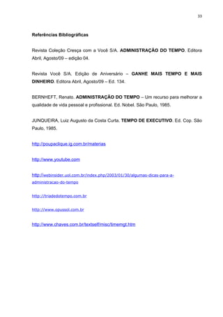 33



Referências Bibliográficas


Revista Coleção Cresça com a Você S/A. ADMINISTRAÇÃO DO TEMPO. Editora
Abril, Agosto/09 – edição 04.


Revista Você S/A. Edição de Aniversário – GANHE MAIS TEMPO E MAIS
DINHEIRO. Editora Abril, Agosto/09 – Ed. 134.


BERNHEFT, Renato. ADMINISTRAÇÃO DO TEMPO – Um recurso para melhorar a
qualidade de vida pessoal e profissional. Ed. Nobel. São Paulo, 1985.


JUNQUEIRA, Luiz Augusto da Costa Curta. TEMPO DE EXECUTIVO. Ed. Cop. São
Paulo, 1985.


http://poupaclique.ig.com.br/materias


http://www.youtube.com


http://webinsider.uol.com.br/index.php/2003/01/30/algumas-dicas-para-a-
administracao-do-tempo


http://triadedotempo.com.br


http://www.opussol.com.br


http://www.chaves.com.br/textself/misc/timemgt.htm
 