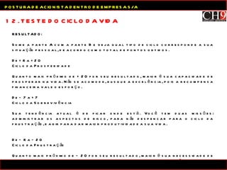 12. TESTE DO CICLO DA VIDA POSTURA DE ACIONISTA DENTRO DE EMPRESA S/A RESULTADO: Some a parte A com a parte B e veja qual tipo de ciclo corresponde a sua situação pessoal, de acordo com o total de pontos obtidos. De + 8 a + 20 Ciclo da Prosperidade Quanto mais próximo de + 20 for seu resultado, maior é sua capacidade de prosperar na vida. Não se acomode, busque a excelência, pois a recompensa financeira vale o esforço. De – 7 a + 7 Ciclo da Sobrevivência  Sua tendência atual é de ficar onde está. Você tem duas missões: administrar os aspectos de risco, para não despencar para o ciclo da frustração, e agir para dar maior produtividade a sua vida. De – 8 a – 20 Ciclo da Frustração Quanto mais próximo de – 20 for seu resultado, maior é sua necessidade de parar tudo, se organizar e mudar as regras do jogo. Se não fizer isso, estará colocando em risco aquilo que ainda não perdeu na vida. 
