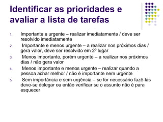 Identificar as prioridades e
avaliar a lista de tarefas
1.
2.
3.
4.
5.

Importante e urgente – realizar imediatamente / deve ser
resolvido imediatamente
Importante e menos urgente – a realizar nos próximos dias /
gera valor, deve ser resolvido em 2º lugar
Menos importante, porém urgente – a realizar nos próximos
dias / não gera valor
Menos importante e menos urgente – realizar quando a
pessoa achar melhor / não é importante nem urgente
Sem importância e sem urgência – se for necessário fazê-las
deve-se delegar ou então verificar se o assunto não é para
esquecer

 