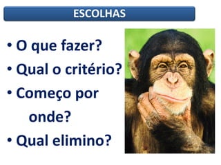 ESCOLHAS
• O que fazer?
• Qual o critério?
• Começo por
onde?
• Qual elimino?
 