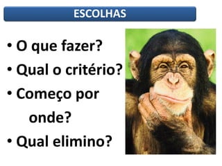 ESCOLHAS
• O que fazer?
• Qual o critério?
• Começo por
onde?
• Qual elimino?
 