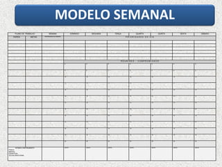 PLANO DE TRABALHO 
SEMANA 
DOMINGO 
SEGUNDA 
TERÇA 
QUARTA 
QUINTA 
SEXTA 
SÁBADO 
PAPÉIS 
METAS 
PRIORIDADES DA SEMANA 
P R I O R I D A D E S D O D I A 
R E U N I Õ E S -C O M P R O M I S S O S 
8 
8 
8 
8 
8 
8 
8 
9 
9 
9 
9 
9 
9 
9 
10 
10 
10 
10 
10 
10 
10 
11 
11 
11 
11 
11 
11 
11 
12 
12 
12 
12 
12 
12 
12 
13 
13 
13 
13 
13 
13 
13 
14 
14 
14 
14 
14 
14 
14 
15 
15 
15 
15 
15 
15 
15 
16 
16 
16 
16 
16 
16 
16 
17 
17 
17 
17 
17 
17 
17 
18 
18 
18 
18 
18 
18 
18 
19 
19 
19 
19 
19 
19 
19 
20 
20 
20 
20 
20 
20 
20 
AFINAR O INSTRUMENTO 
FÍSICO 
MENTAL 
ESPIRITUAL 
SOCIAL/EMOCIONAL 
NOITE : 
NOITE : 
NOITE : 
NOITE : 
NOITE : 
NOITE : 
NOITE : 
MODELO SEMANAL  