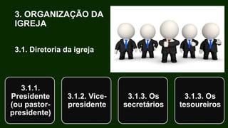 3. ORGANIZAÇÃO DA
IGREJA
3.1.1.
Presidente
(ou pastor-
presidente)
3.1.2. Vice-
presidente
3.1.3. Os
secretários
3.1.3. Os
tesoureiros
3.1. Diretoria da igreja
 