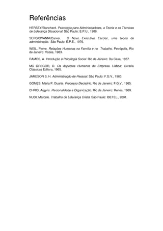 103
Administração Eclesiástica
Referências
HERSEY/Blanchard. Psicologia para Administradores, a Teoria e as Técnicas
de Liderança Situacional. São Paulo: E.P.U., 1986.
SERGIOVANNI/Carver. O Novo Executivo Escolar, uma teoria de
administração. São Paulo: E.P.E., 1976.
WEIL, Pierre. Relações Humanas na Família e no Trabalho. Petrópolis, Rio
de Janeiro: Vozes, 1983.
RAMOS, A. Introdução à Psicologia Social. Rio de Janeiro: Da Casa, 1957.
MC GREGOR, D. Os Aspectos Humanos da Empresa. Lisboa: Livraria
Clássicas Editora, 1965.
JAMESON S. H. Administração de Pessoal. São Paulo: F.G.V., 1963.
GOMES, Maria P. Duarte. Processo Decisório. Rio de Janeiro: F.G.V., 1965.
CHRIS, Argyris. Personalidade e Organização. Rio de Janeiro: Renes, 1969.
NUDI, Marcelo. Trabalho de Liderança Cristã. São Paulo: IBETEL., 2001.
 
