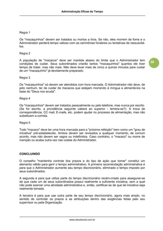 Administração Eficaz do Tempo




Regra 1

Os "macaquinhos" devem ser tratados ou mortos a tiros. Se não, eles morrem de fome e o
Administrador perderá tempo valioso com as cerimônias fúnebres ou tentativas de ressuscitá-
los.

Regra 2

A população de "macacos" deve ser mantida abaixo do limite que o Administrador tem
                                                                                                   30
condições de cuidar. Seus subordinados criarão tantos "macaquinhos" quantos ele tiver
tempo de tratar, mas não mais. Não deve levar mais de cinco a quinze minutos para cuidar
de um "macaquinho" já devidamente preparado.

Regra 3

Os "macaquinhos" só devem ser atendidos com hora marcada. O Administrador não deve, de
jeito nenhum, ter de cuidar de macacos que estejam morrendo à míngua e alimentá-los na
base do "Deus nos acuda".

Regra 4

Os "macaquinhos" devem ser tratados pessoalmente ou pelo telefone, mas nunca por escrito.
(Se for escrito, a providência seguinte caberá ao superior - lembra-se?). A troca de
correspondência, CC mail, E-mails, etc. podem ajudar no processo de alimentação, mas não
substituem a comida.

Regra 5

Todo "macaco" deve ter uma hora marcada para a "próxima refeição" bem como um "grau de
iniciativa" pré-estabelecido. Ambos devem ser revisados a qualquer momento, de comum
acordo, mas não devem ser vagos ou indefinidos. Caso contrário, o "macaco" ou morre de
inanição ou acaba outra vez nas costas do Administrador.



CONCLUINDO

O conselho "mantenha controle dos prazos e do tipo de ação que tomar" constitui um
elemento válido para gerir o tempo administrativo. A primeira recomendação administrativa é
para que o Administrador aumente seu tempo discricionário, eliminado o tempo imposto por
seus subordinados.

A segunda é para que utilize parte do tempo discricionário recém-criado para assegurar-se
de que cada um de seus subordinados possui realmente a suficiente iniciativa, sem a qual
não pode exercer uma atividade administrativa e, então, certificar-se de que tal iniciativa seja
realmente tomada.

A terceira é para que use outra parte de seu tempo discricionário, agora mais amplo, no
sentido de controlar os prazos e as atribuições dentro das exigências feitas pelo seu
supervisor ou pela Organização.




                                      www.ebooksnet.com.br
 