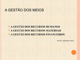 A GESTÃO DOS MEIOS
 A GESTÃO DOS RECURSOS HUMANOS
 A GESTÃO DOS RECURSOS MATERIAIS
 A GESTÃO DOS RECURSOS FINANCEIROS
FONTE: MENDES (2002)
 