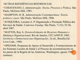 OUTRAS REFERÊNCIAS REFERENCIAS:
CHIAVENATO, I. Administração: Teoria, Processo e Prática, São
Paulo, McGraw-Hill, 1985.
HAMPTON, D. R. Administração Contemporânea: Teoria,
prática e casos. São Paulo, McGraw-Hill, 1980.
JUNQUEIRA, Luciano A. P. Organização e Prestação Pública dos
Serviços de Saúde. Cadernos Fundap, São Paulo, 7 (13): 52-56,
abril 1987.
MATTOS, Ruy A. Desenvolvimento de Recursos Humanos e
Mudança Organizacional, Rio de Janeiro, LTC/ANFUP, 1985. .
Gerência e Democracia nas Organizações. 2a ed., Brasília.Ed.
Livre Ltda., 1988.
OPS/OMS. Propuesta de Apoyo al Desarrollo y Fortalecimiento de
los Sistemas Locales de Salud y al Proceso de escentralización en
los paises de la Región de las Américas, Washington, agosto 1987
(mimeo).
 