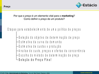 PPrreeççoo 
Por que o preço é um elemento vital para o marketing? 
Como definir o preço de um produto? 
E t a p a s p a r a e s t a b e le c im e n t o d e u m a p o lí t ic a d e p r e ç o s 
S e le ç ã o d o o b je t iv o d e d e t e r m i n a ç ã o d e p r e ç o 
E s t im a t iv a d a c u r v a d a d e m a n d a 
E s t im a t iv a d e c u s t o s x p r o d u ç ã o 
A n a lis e d o c u s t o , p r e ç o s e o f e r t a s d a c o n c o r r ê n c i a 
E s c o lh a d o m é t o d o d e d e t e r m in a ç ã o d e p r e ç o 
S e l e ç ã o d o P r e ç o F i n a l 
KOTLER, Philip. Administração de Marketing. 12a. ed. São Paulo: Pearson, 2006 
 