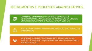 INSTRUMENTOS E PROCESSOS ADMINISTRATIVOS
CONTEÚDO DO MANUAL: O CONTEÚDO DO MANUAL É
DETERMINADO PELA NECESSIDADE DE INFORMAÇÃO DA UNIDADE,
ONDE SERÁ IMPLANTADO. O MANUAL PODERÁ CONTER:
A ESTRUTURA ADMINISTRATIVA DA ORGANIZAÇÃO E DO SERVIÇO DE
ENFERMAGEM;
AS NORMAS, ROTINAS E PROCEDIMENTOS RELACIONADOS AO
PESSOAL, À ASSISTÊNCIA QUE DEVERÁ SER PRESTADA AO CLIENTE,
AOS MATERIAIS, ETC.
 