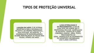 TIPOS DE PROTEÇÃO UNIVERSAL
LAVAGEM DAS MÃOS: É DE EXTREMA
IMPORTÂNCIA PARA A SEGURANÇA DO
PACIENTE E DO PRÓPRIO PROFISSIONAL,
HAJA VISTA QUE, NO HOSPITAL, A
DISSEMINAÇÃO DE MICROORGANISMOS
OCORRE PRINCIPALMENTE DE PESSOA PARA
PESSOA, ATRAVÉS DAS MÃOS.
LUVAS ESTERILIZADAS E
DE PROCEDIMENTOS: O USO DE
LUVAS DEVE SER SEMPRE QUE O
PROFISSIONAL REALIZAR: MANIPULAÇÃO
DE PACIENTES, MANIPULAR FLUÍDOS
CORPORAIS (SANGUE, URINA, FEZES),
PROCEDIMENTOS EM
GERAL, MANIPULAÇÃO DE EQUIPAMENTOS
OU SUPERFÍCIES CONTAMINADAS
COM FLUÍDOS CORPORAIS.
 
