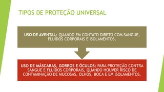TIPOS DE PROTEÇÃO UNIVERSAL
USO DE MÁSCARAS, GORROS E ÓCULOS: PARA PROTEÇÃO CONTRA
SANGUE E FLUÍDOS CORPORAIS, QUANDO HOUVER RISCO DE
CONTAMINAÇÃO DE MUCOSAS, OLHOS, BOCA E EM ISOLAMENTOS.
USO DE AVENTAL: QUANDO EM CONTATO DIRETO COM SANGUE,
FLUÍDOS CORPORAIS E ISOLAMENTOS.
 