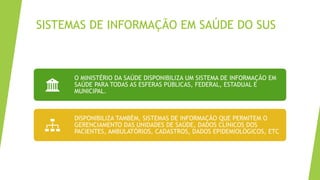 SISTEMAS DE INFORMAÇÃO EM SAÚDE DO SUS
O MINISTÉRIO DA SAÚDE DISPONIBILIZA UM SISTEMA DE INFORMAÇÃO EM
SAÚDE PARA TODAS AS ESFERAS PÚBLICAS, FEDERAL, ESTADUAL E
MUNICIPAL.
DISPONIBILIZA TAMBÉM, SISTEMAS DE INFORMAÇÃO QUE PERMITEM O
GERENCIAMENTO DAS UNIDADES DE SAÚDE, DADOS CLÍNICOS DOS
PACIENTES, AMBULATÓRIOS, CADASTROS, DADOS EPIDEMIOLÓGICOS, ETC
 