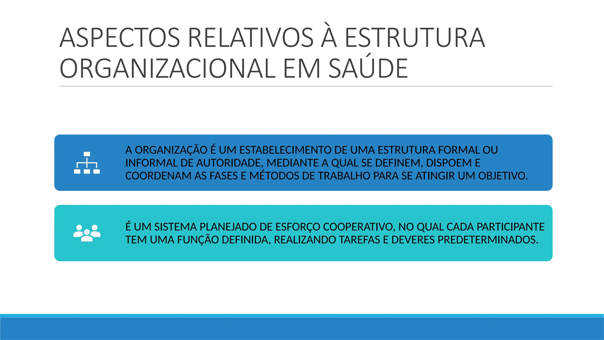 ASPECTOS RELATIVOS À ESTRUTURA
ORGANIZACIONAL EM SAÚDE
A ORGANIZAÇÃO É UM ESTABELECIMENTO DE UMA ESTRUTURA FORMAL OU
INFORMAL DE AUTORIDADE, MEDIANTE A QUAL SE DEFINEM, DISPOEM E
COORDENAM AS FASES E MÉTODOS DE TRABALHO PARA SE ATINGIR UM OBJETIVO.
É UM SISTEMA PLANEJADO DE ESFORÇO COOPERATIVO, NO QUAL CADA PARTICIPANTE
TEM UMA FUNÇÃO DEFINIDA, REALIZANDO TAREFAS E DEVERES PREDETERMINADOS.
 