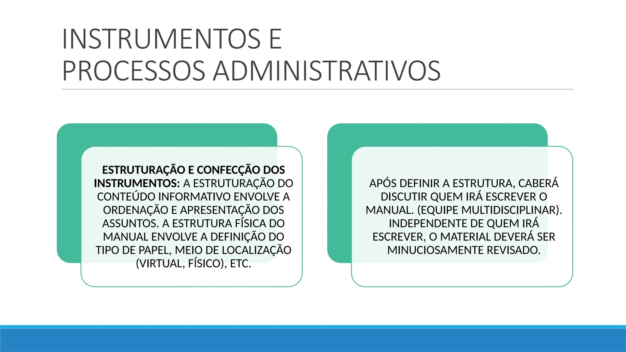 INSTRUMENTOS E
PROCESSOS ADMINISTRATIVOS
ESTRUTURAÇÃO E CONFECÇÃO DOS
INSTRUMENTOS: A ESTRUTURAÇÃO DO
CONTEÚDO INFORMATIVO ENVOLVE A
ORDENAÇÃO E APRESENTAÇÃO DOS
ASSUNTOS. A ESTRUTURA FÍSICA DO
MANUAL ENVOLVE A DEFINIÇÃO DO
TIPO DE PAPEL, MEIO DE LOCALIZAÇÃO
(VIRTUAL, FÍSICO), ETC.
APÓS DEFINIR A ESTRUTURA, CABERÁ
DISCUTIR QUEM IRÁ ESCREVER O
MANUAL. (EQUIPE MULTIDISCIPLINAR).
INDEPENDENTE DE QUEM IRÁ
ESCREVER, O MATERIAL DEVERÁ SER
MINUCIOSAMENTE REVISADO.
 