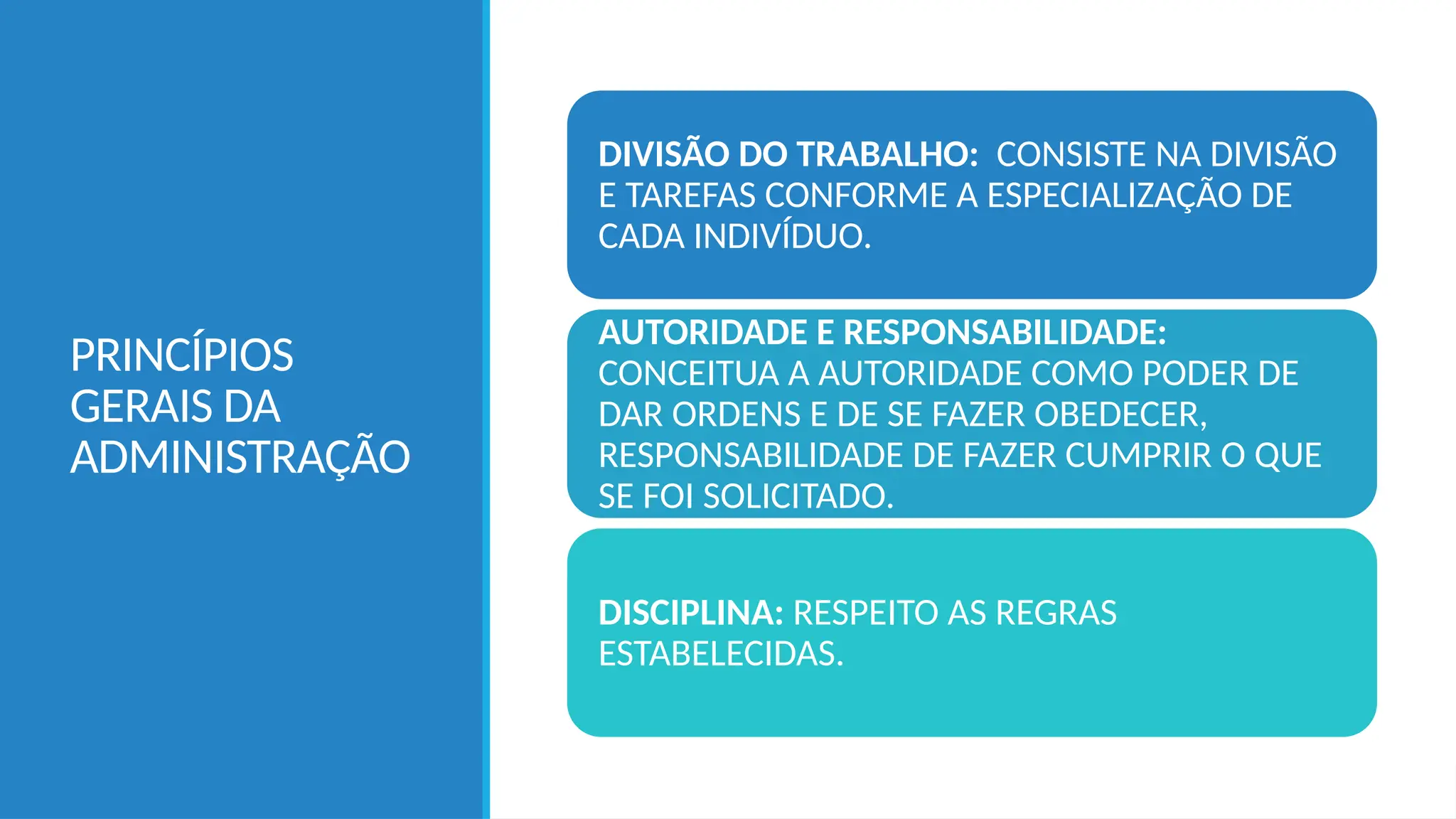 PRINCÍPIOS
GERAIS DA
ADMINISTRAÇÃO
DIVISÃO DO TRABALHO: CONSISTE NA DIVISÃO
E TAREFAS CONFORME A ESPECIALIZAÇÃO DE
CADA INDIVÍDUO.
AUTORIDADE E RESPONSABILIDADE:
CONCEITUA A AUTORIDADE COMO PODER DE
DAR ORDENS E DE SE FAZER OBEDECER,
RESPONSABILIDADE DE FAZER CUMPRIR O QUE
SE FOI SOLICITADO.
DISCIPLINA: RESPEITO AS REGRAS
ESTABELECIDAS.
 
