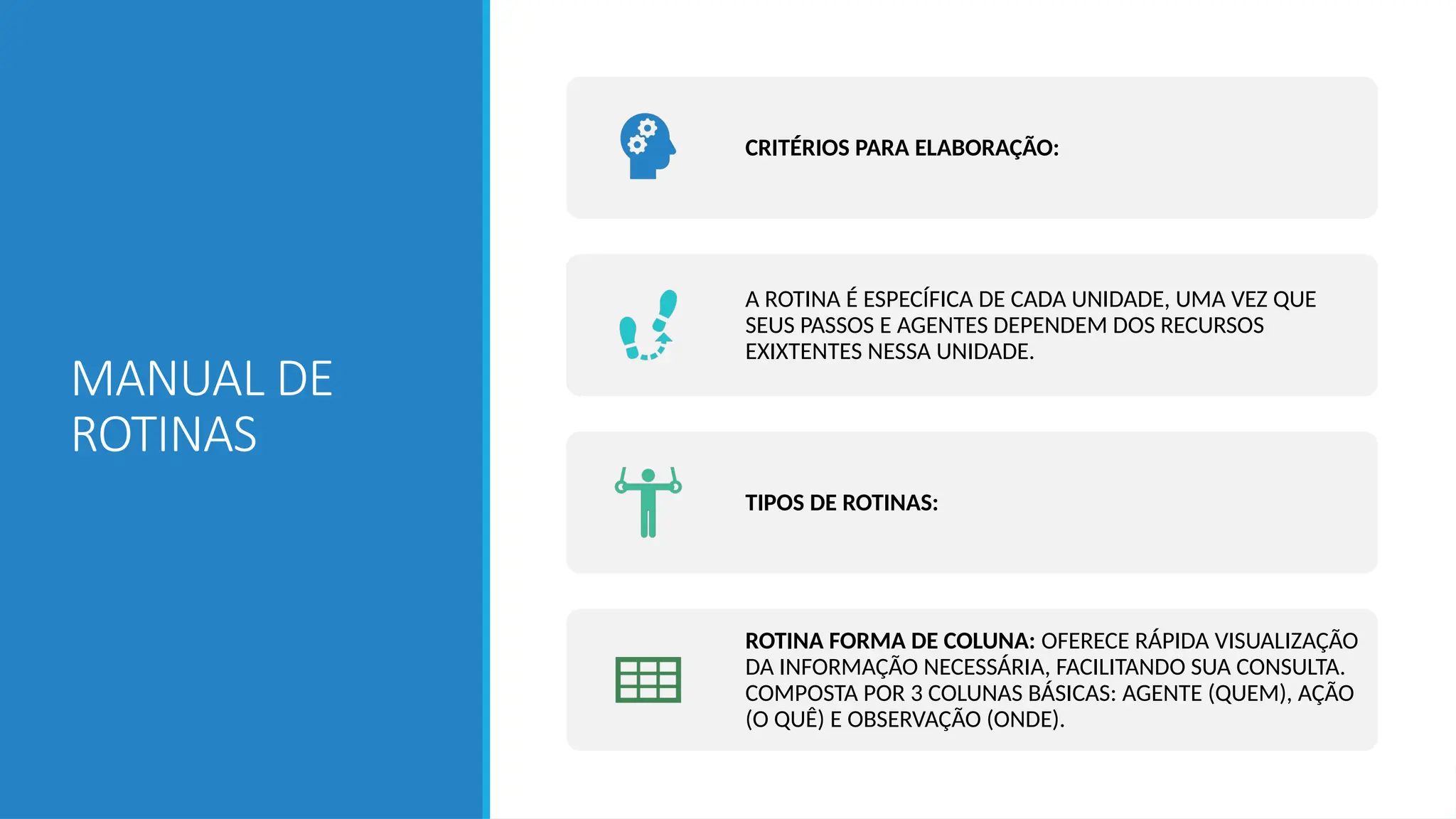 MANUAL DE
ROTINAS
CRITÉRIOS PARA ELABORAÇÃO:
A ROTINA É ESPECÍFICA DE CADA UNIDADE, UMA VEZ QUE
SEUS PASSOS E AGENTES DEPENDEM DOS RECURSOS
EXIXTENTES NESSA UNIDADE.
TIPOS DE ROTINAS:
ROTINA FORMA DE COLUNA: OFERECE RÁPIDA VISUALIZAÇÃO
DA INFORMAÇÃO NECESSÁRIA, FACILITANDO SUA CONSULTA.
COMPOSTA POR 3 COLUNAS BÁSICAS: AGENTE (QUEM), AÇÃO
(O QUÊ) E OBSERVAÇÃO (ONDE).
 