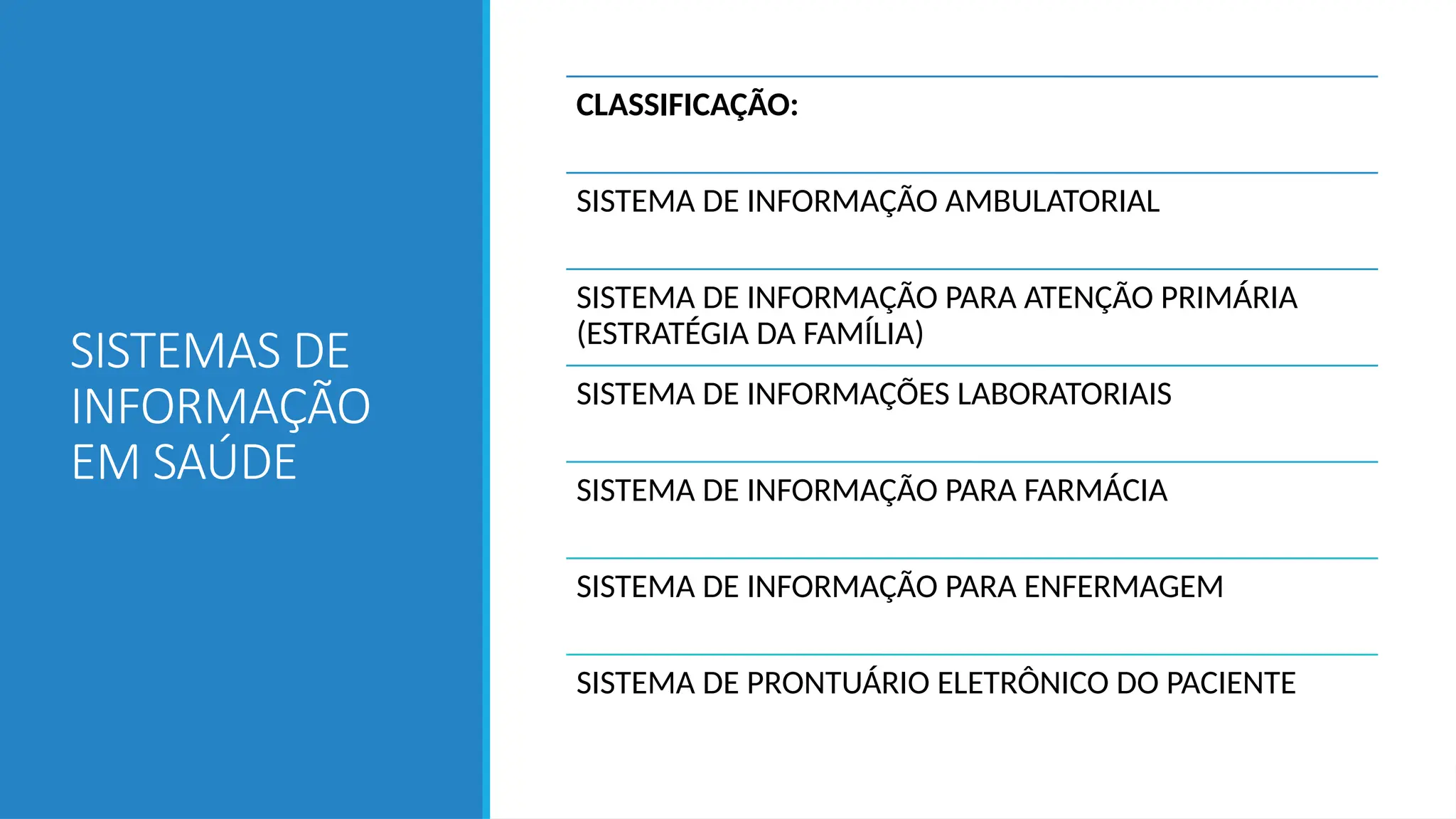 SISTEMAS DE
INFORMAÇÃO
EM SAÚDE
CLASSIFICAÇÃO:
SISTEMA DE INFORMAÇÃO AMBULATORIAL
SISTEMA DE INFORMAÇÃO PARA ATENÇÃO PRIMÁRIA
(ESTRATÉGIA DA FAMÍLIA)
SISTEMA DE INFORMAÇÕES LABORATORIAIS
SISTEMA DE INFORMAÇÃO PARA FARMÁCIA
SISTEMA DE INFORMAÇÃO PARA ENFERMAGEM
SISTEMA DE PRONTUÁRIO ELETRÔNICO DO PACIENTE
 